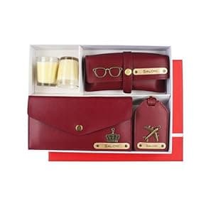 gift for partner: Aica Personalized Name & Charm Leather Women (Wine) Combo | Women's Scented Candle & Leather GiftSet for Valentine’s Day Valentine Propose Day Gifts for Women Girl Girlfriend Mother Wife Friend Family