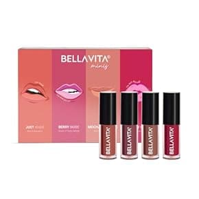 Beauty & Grooming gifts for partner: BELLAVITA Mini Kiss Proof Liquid Lipstick Gift Set of 4 x 2ml | Smudge & Transfer-Proof | Intense Moisturisation | Just Nude + Berry Nude + Mocha Madness + Cherry Pop | Lipsticks for Women | Lipstick Gift Set | Lipstick Combo Set